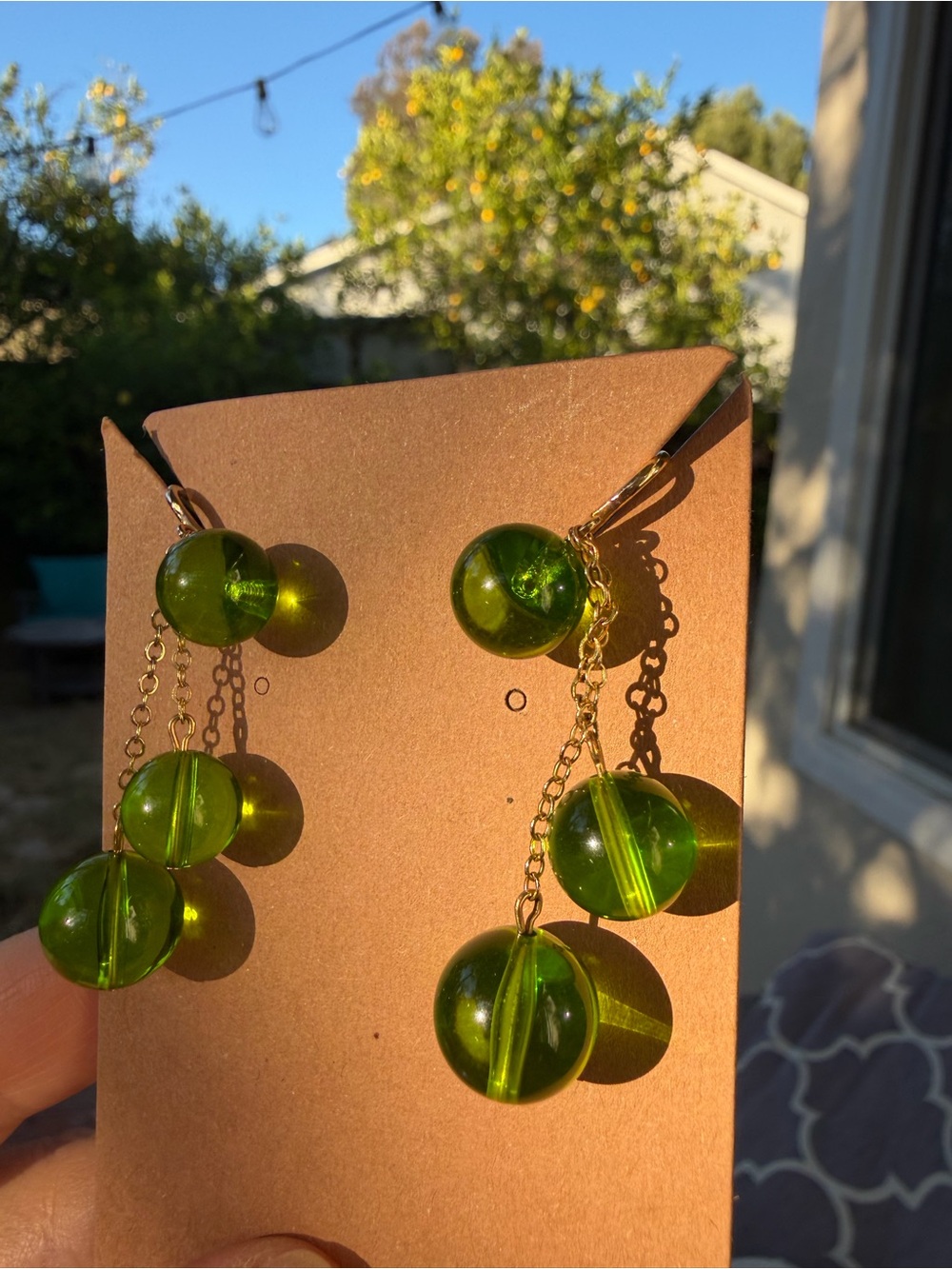 Rare Mystical Green Glass Drop Earrings | Signed Richelieu - Picture 6 of 11